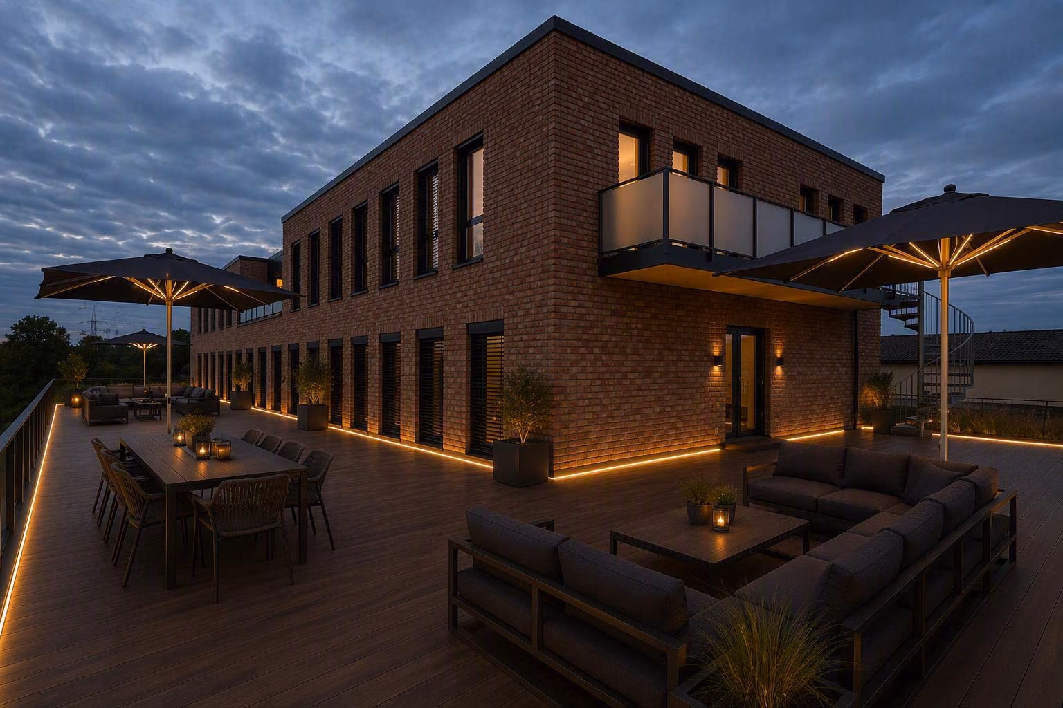 Dachterrasse des COWORX-Gebäudes in Paderborn – Freifläche für Pausen im Freien. Fotomontage: Dieses Bild zeigt eine virtuelle Visualisierung des möglichen Endergebnisses.