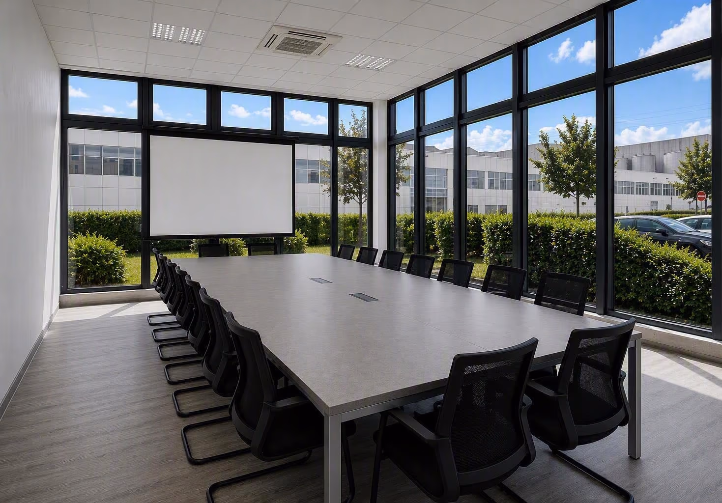 Besprechungsraum 2 im COWORX Paderborn – größter Tagungsraum für bis zu 20 Personen mit Präsentationstechnik und Konferenz-Cam. Fotomontage: Dieses Bild zeigt eine virtuelle Visualisierung des möglichen Endergebnisses.