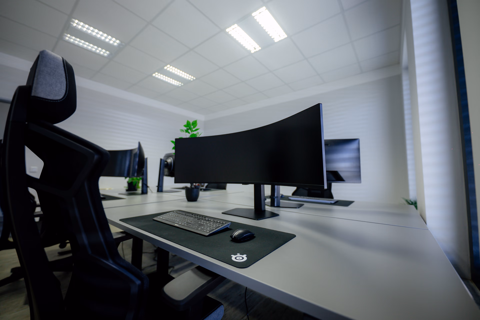 Möbliertes Privatbüro im COWORX Paderborn – Arbeitsplatz mit Curved-Monitor, ergonomischem Bürostuhl und Pflanzen