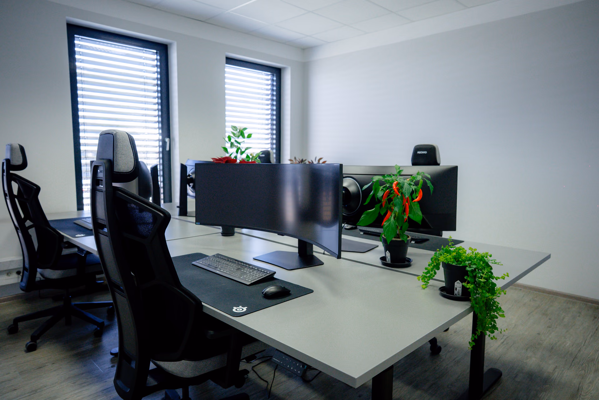 Möbliertes Privatbüro im COWORX Paderborn – Arbeitsplätze mit Curved-Monitoren an der Fensterfront